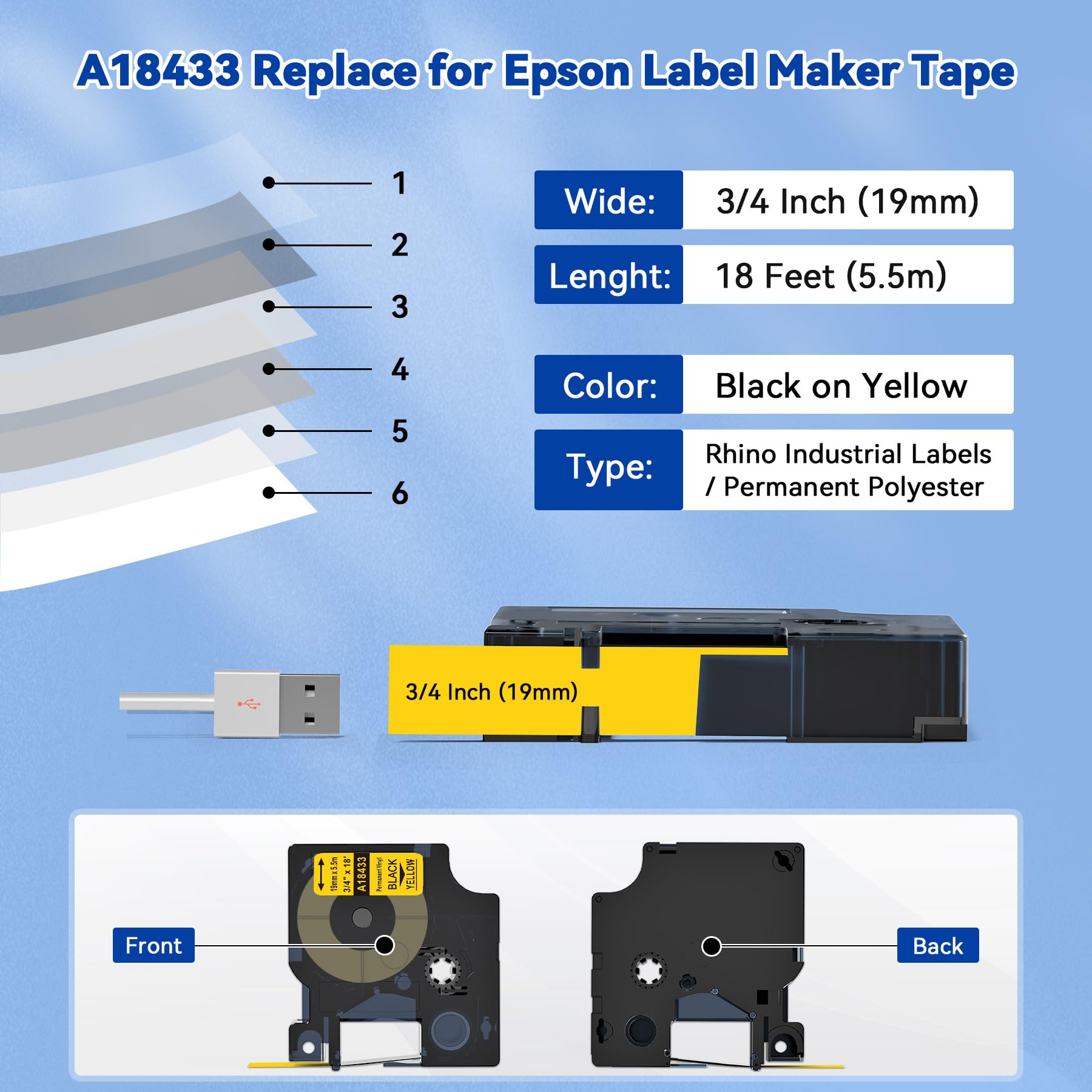 Amazon.com: 18433 Permanent Vinyl Tape Yellow Replace for Dymo